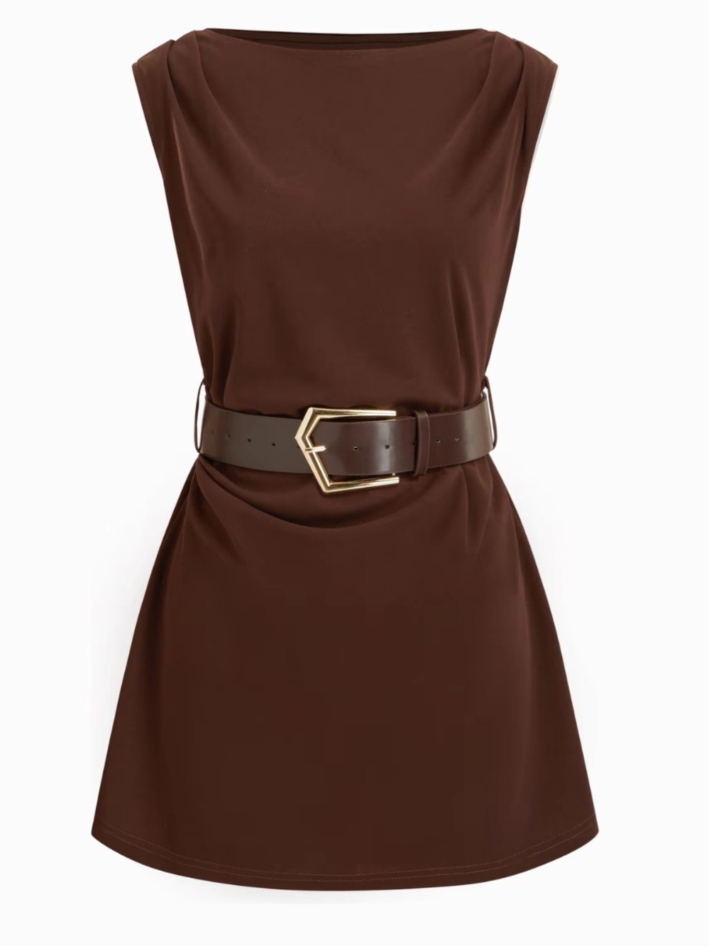 Sleek Brown Sleeveless Mini Dress with Hex Buckle Belt